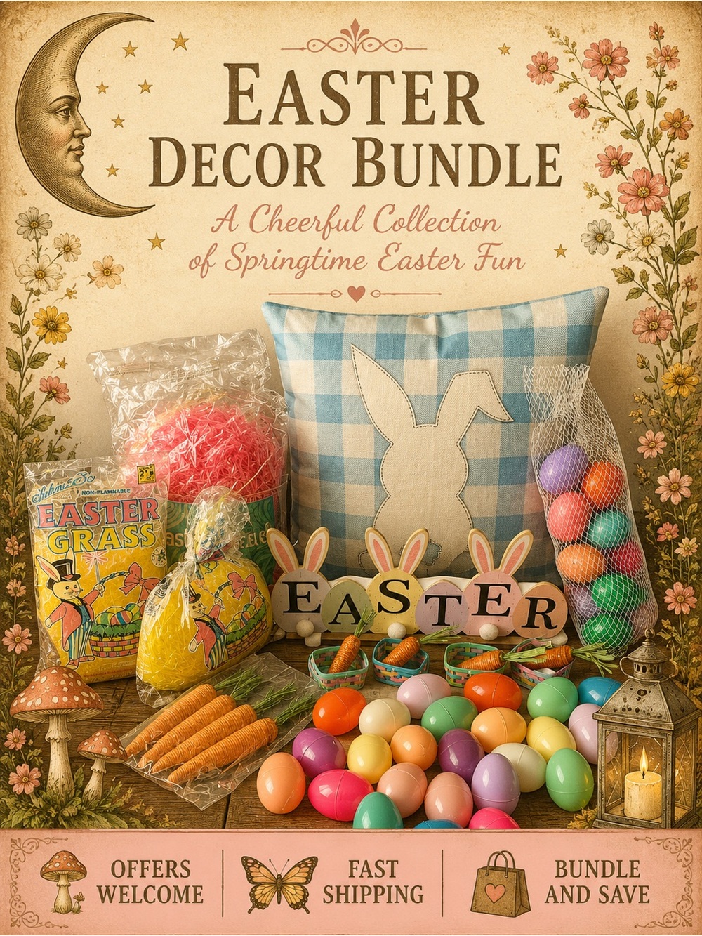 Easter Decor Bundle Bunny Pillow Eggs Grass Carrots Spring Decor